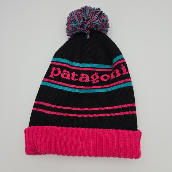 Patagonia Pom Beanie Winter Hat Knit Cap Striped‎ Pink Blue Black ALL - Picture 1 of 5